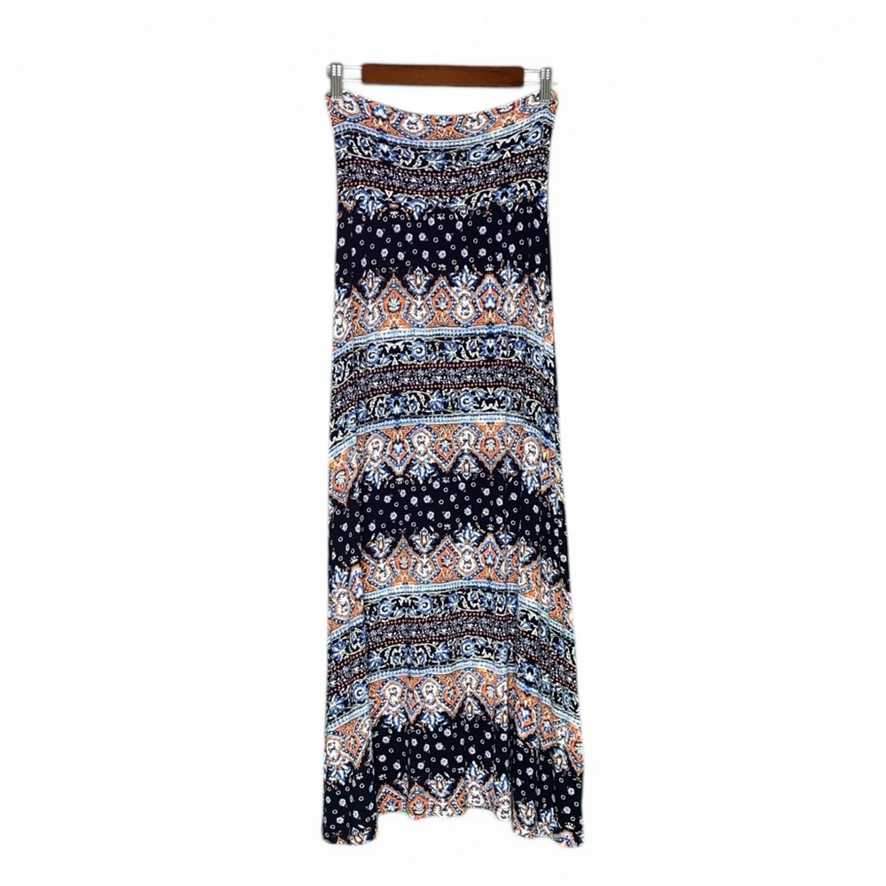 Boho Border Print Maxi Skirt Blue Orange Tribal Pattern Flowy Festival, Size M